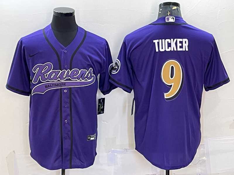 Men%27s Baltimore Ravens #9 Justin Tucker Purple Gold With Patch Cool Base Stitched Baseball Jersey